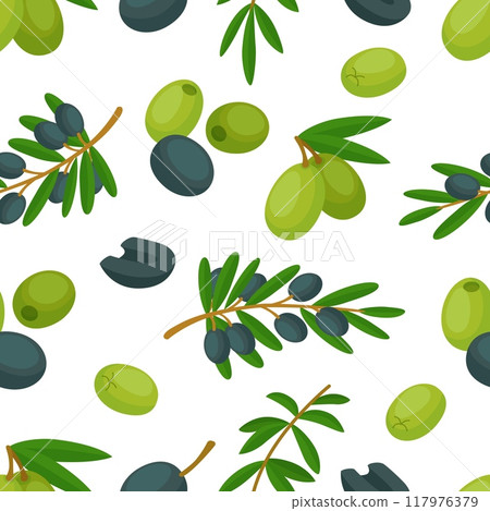 Olive branches seamless pattern. Green and black olives, harvest plants. Natural oil, organic stylish print design for wrapping, neoteric vector background 117976379