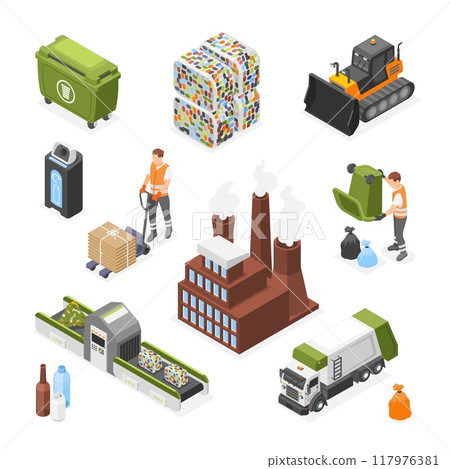 Isometric waste recycle. Trash bricks, composting transport and belt. Garbage recycle factory building, plastic bins and workers, flawless vector elements 117976381