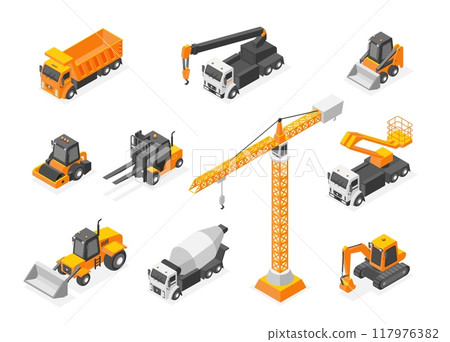 Isometric construction equipment. Special transport for building, truck crane bulldozer and machineries. 3d vehicles and trucks, flawless vector clipart 117976382