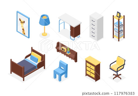 Isometric furniture for children room. Nursery interior accessories, lamp bed chair desk shelf picture in frame. Apartment elements flawless vector set 117976383