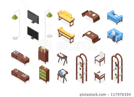 Isometric home furniture for living room. Office design chair sofa armchairs. Domestic lamp cabinet tv book shelf desk, flawless vector collection Isometric home furniture for living room. Office design chair sofa armchairs. Domestic lamp cabinet tv book shelf desk, flawless vector collection 117976384