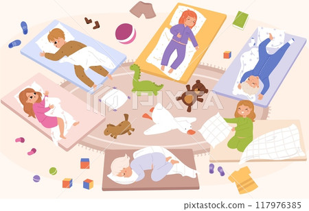 Nap time kid. Children sleeping in kindergarten or in camp. Nursery room with dreaming kids on mattresses, toys and clothes, snugly vector scene 117976385