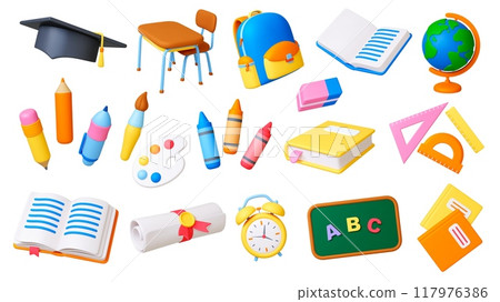 School 3d tools. Isolated elements of kindergarten college art workshop. Backpack brush colored pencil and paints palette, render pithy vector icons 117976386