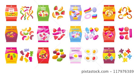 Gummies sweets. Cartoon jellies candies, sweet marmalade candy packs. Juicy desserts, jelly fruits worms bears berries, neoteric vector set 117976389