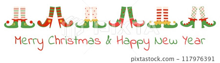 Christmas elf feet banner. Dwarf foot wear striped socks and cute boots and shoes. Legs different poses, winter holidays nowaday vector background Christmas elf feet banner. Dwarf foot wear striped socks and cute boots and shoes. Legs different poses, winter holidays nowaday vector background 117976391