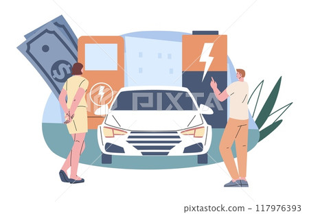Man woman looking electric car. Dealer advertises environmentally friendly vehicle, saving energy and money. Vector eco concept, conscious consumption and technologies 117976393