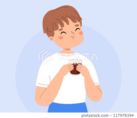 Happy boy drinking sweet cacao with marshmallow. Hot beverage for toddler, christmas new year birthday party drink. Sweet dessert, vector kid character 117976394