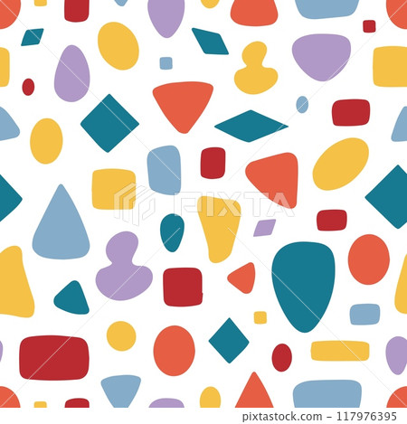 Geometric shapes seamless pattern. Vibrant triangle circle square rhombus. Fashion childish fabric wallpaper wrapping print design, vector background Geometric shapes seamless pattern. Vibrant triangle circle square rhombus. Fashion childish fabric wallpaper wrapping print design, vector background 117976395