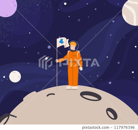 Cartoon astronaut on planet surface with flag. International space mission, friendship of countries in Universe. Courage and achievement vector scene 117976396