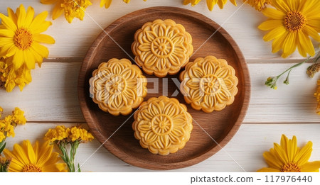 Beautifully crafted flower-shaped pastries surrounded by vibrant yellow flowers in warm light 117976440