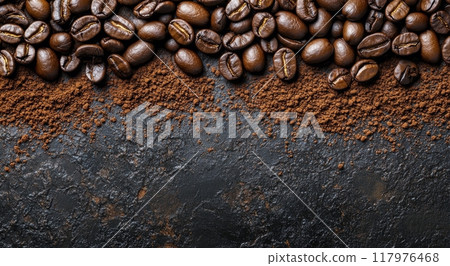 Rich coffee beans spread over dark textured surface during daylight hours in a rustic kitchen 117976468