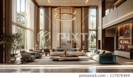 Luxurious modern living room with panoramic views in a high-rise building during daylight hours Luxurious modern living room with panoramic views in a high-rise building during daylight hours 117976469
