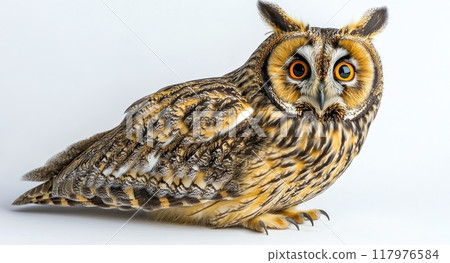 Long-eared owl flying gracefully against a clear background in winter 117976584