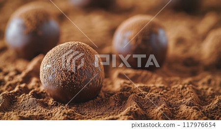 Delicious homemade chocolate truffles dusted with cocoa powder on a rustic wooden table Delicious homemade chocolate truffles dusted with cocoa powder on a rustic wooden table 117976654