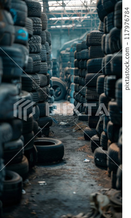 A gritty, industrial setting housing a diverse selection of pre-owned car tires in an urban warehouse 117976784