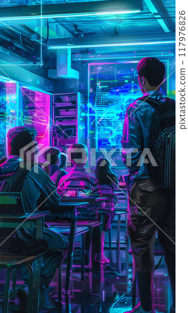 Students in a classroom utilize AI tutors and interactive holograms to enhance their learning journey, integrating advanced technology into education, Ai-centered world Students in a classroom utilize AI tutors and interactive holograms to enhance their learning journey, integrating advanced technology into education, Ai-centered world 117976826