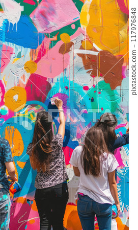 Friends join forces to paint a mural on a community wall, transforming the space with their collective creativity, the collaborative effort strengthens bonds and brightens the neighborhood, do it 117976848