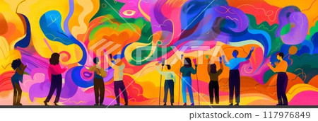 Working together, a group of friends paints a mural on a community wall, adding color and life to the area, this shared artistic endeavor promotes community spirit and collaboration, do it together, 117976849