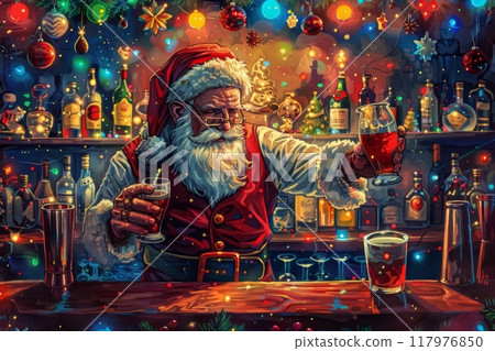 A jolly bartender in a Santa Claus costume expertly mixes a festive cocktail behind a beautifully decorated bar, creating a lively and merry atmosphere perfect for joyful holiday celebrations 117976850
