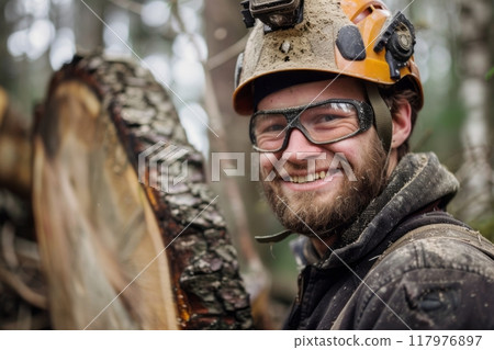 Male lumberjack woodcutter in safety glasses and a helmet with a saw in his hands against the background of a cut tree Male lumberjack woodcutter in safety glasses and a helmet with a saw in his hands against the background of a cut tree 117976897