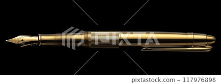 Golden exquisite gold fountain pen on black background, expensive fountain ink pen, banner 117976898