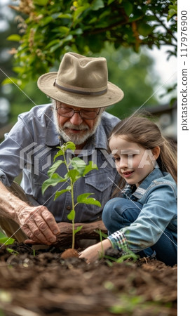 Grandfather with his little granddaughter planting a sprout of a green tree, sharing experience and caring with the younger generation 117976900