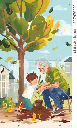 Illustration of a grandfather with his little grandson planting a sprout of a green tree, transferring experience and caring with the younger generation 117976905