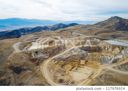 Gold mining, open pit with waste sand and earth for gold ore mining, mining of minerals and ores and precious metals 117976914