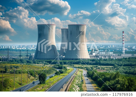 View from afar of a nuclear power plant, operating nuclear reactors against the backdrop of nature, peaceful atom 117976916