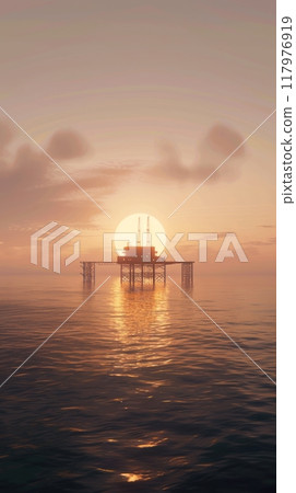 Offshore platform, oil and gas production in ocean or sea, gas and oil production industry, offshore drilling rig in the rays of the setting sun 117976919