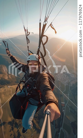 Happy paragliders flying on a paraglider, experienced pilots smiling at the camera 117976924