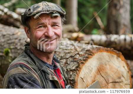 Male lumberjack woodcutter with a saw in his hands against the background of a cut tree 117976939