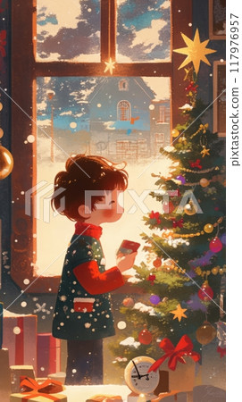 The room is filled with a cheerful and festive spirit as the boy looks at the Christmas tree, surrounded by twinkling lights, ornaments, and seasonal decor, creating a heartwarming holiday scene The room is filled with a cheerful and festive spirit as the boy looks at the Christmas tree, surrounded by twinkling lights, ornaments, and seasonal decor, creating a heartwarming holiday scene 117976957