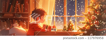 In a warm and inviting room, the boy's eyes are captivated by the Christmas tree, the festive atmosphere enhanced by the glowing fireplace, garlands, and the magic of the holiday season, banner 117976958