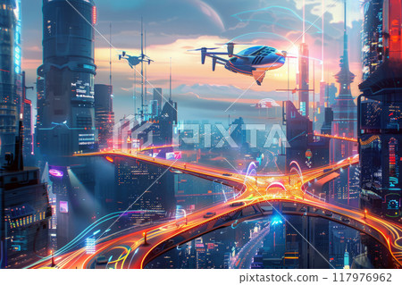In a futuristic cityscape, autonomous vehicles glide alongside AI-controlled drones, creating a seamless blend of advanced technology and urban mobility, Ai-centered world 117976962