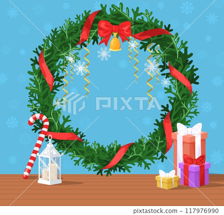 Christmas photo zone background with winter holiday decoration 117976990