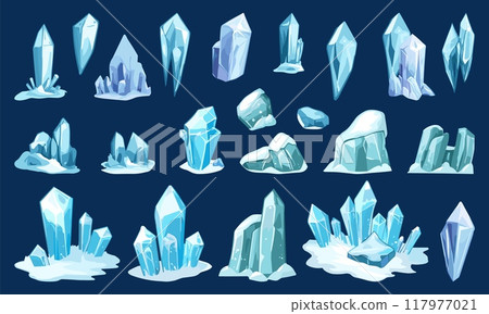 Ice crystals set. Icy cliff water, cold frozen blocks of different shapes. Blue pieces of floe. Mini glaciers elements magic stones for winter designs and games. Cartoon style isolated vector clipart 117977021