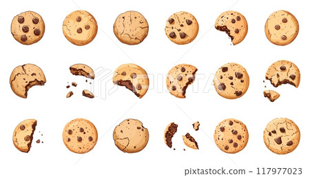 Homemade cookie set. Top view. Round shape. Full bitten and broken in pieces. With and without chocolate chip crumb. Tasty food pastry biscuit. Package and menu design. Cartoon style isolated vector Homemade cookie set. Top view. Round shape. Full bitten and broken in pieces. With and without chocolate chip crumb. Tasty food pastry biscuit. Package and menu design. Cartoon style isolated vector 117977023
