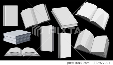 Hardcover book mockup set. Stacked book oened and closed. Upright with its spine facing outward. Blank and white. Layout for publishing and advertising print products. Cartoon style isolated vector Hardcover book mockup set. Stacked book oened and closed. Upright with its spine facing outward. Blank and white. Layout for publishing and advertising print products. Cartoon style isolated vector 117977024