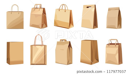 Craft brown paper shopping bag with and without handle set. Gift bag with rope handle. Front side view. Mockup template. Takeaway rocery and food package. Cartoon style isolated vector clipart Craft brown paper shopping bag with and without handle set. Gift bag with rope handle. Front side view. Mockup template. Takeaway rocery and food package. Cartoon style isolated vector clipart 117977037