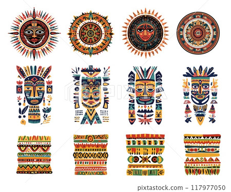 Aztec ethnic african ornament set. Round meanders decorative tribal patterns ornate masks. Traditional textile fabric decorative motif elements. Cartoon style isolated vector clipart collection Aztec ethnic african ornament set. Round meanders decorative tribal patterns ornate masks. Traditional textile fabric decorative motif elements. Cartoon style isolated vector clipart collection 117977050