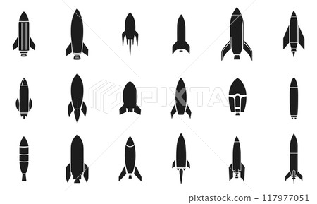 Atomic nuclear bomb black icon set. Combat missiles rocket weapons atomic torpedo warhead silhouettes. War air bomb symbol. Simple black and white flat style isolated vector clipart collection Atomic nuclear bomb black icon set. Combat missiles rocket weapons atomic torpedo warhead silhouettes. War air bomb symbol. Simple black and white flat style isolated vector clipart collection 117977051