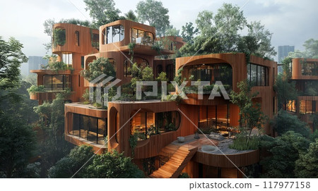 building exterior in the city with green plants. Concept of ecological living 117977158