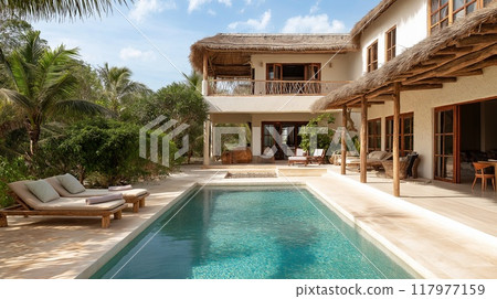 Luxury beach villa with modern swimming pool in tropical resort. Nobody inside 117977159
