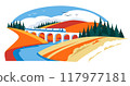 autumn viaduct. vector flat illustration. Yellow and orange hills of the valley. Blue river. Vector flat illustration 117977181