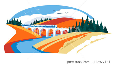 autumn viaduct. vector flat illustration. Yellow and orange hills of the valley. Blue river. Vector flat illustration 117977181