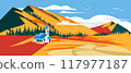 A lonely Christian church among the autumn mountains. Vector flat illustration. Pastoral rural season landscape 117977187