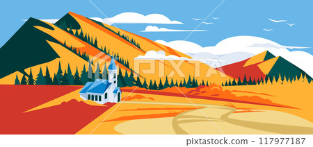 A lonely Christian church among the autumn mountains. Vector flat illustration. Pastoral rural season landscape 117977187