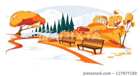 view of an empty autumn park. Urban landscape. Yellow and orange season. Vector flat illustration 117977189