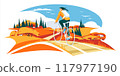 a girl cyclist on an autumn field. The landscape of the horizon of the season. Eco transport. Vector flat illustration 117977190